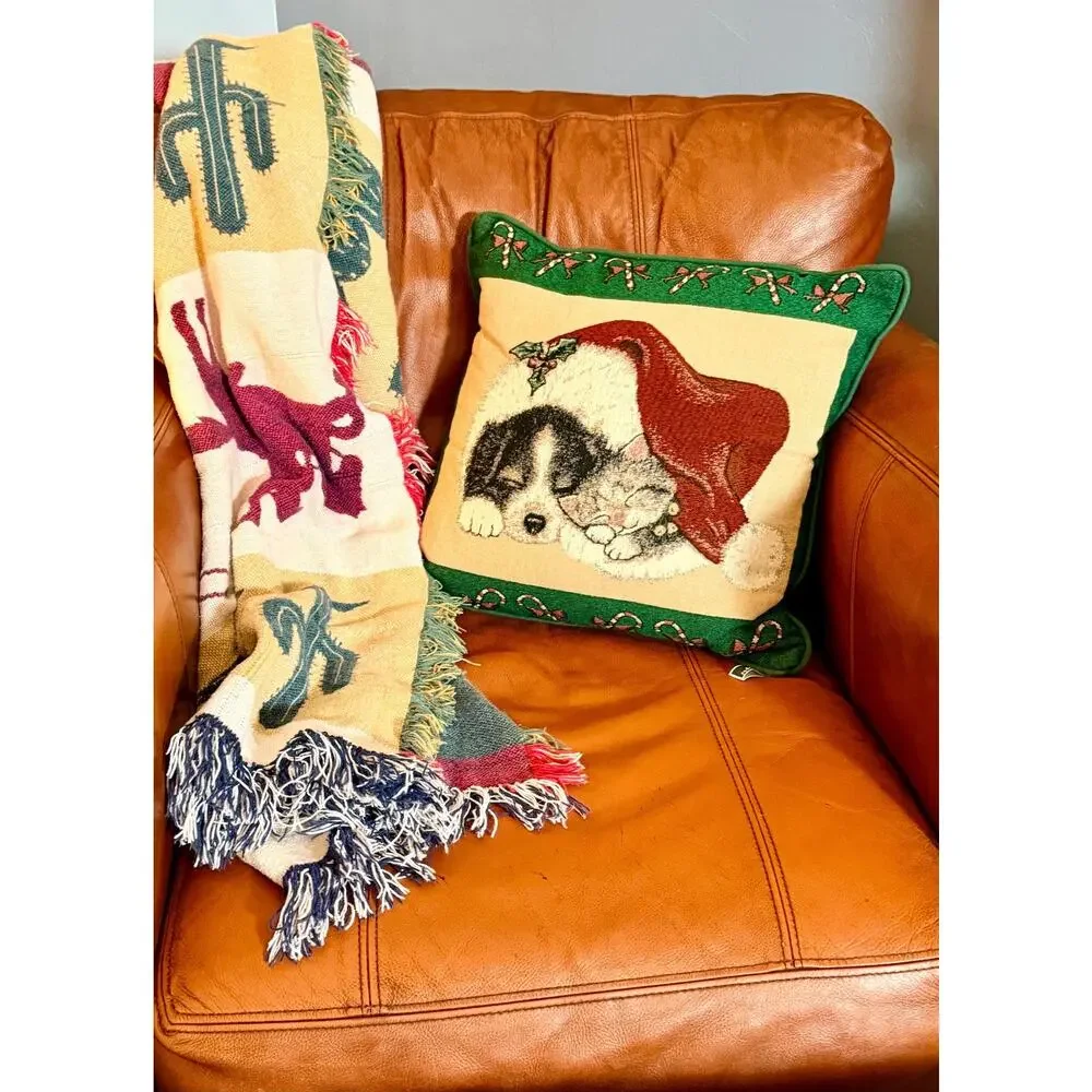 Vintage Newport Christmas Tapestry Pillow | Puppy Kitten Santa Hat Holiday Decor